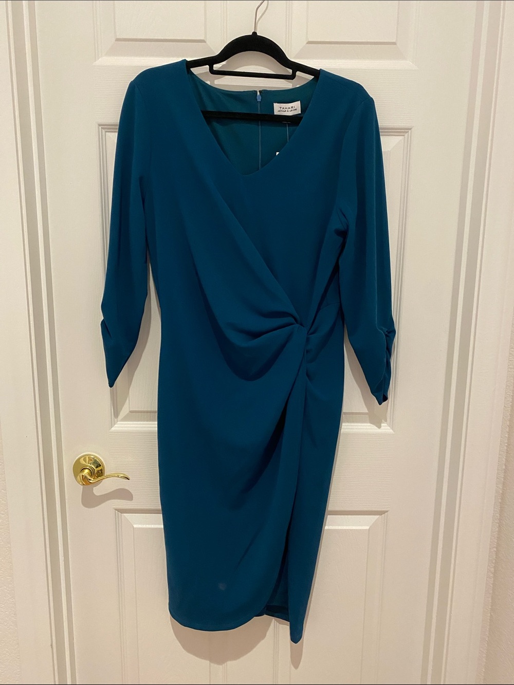 Tahari ASL Teal Twist-Front Long Sleeve Sheath Dress
